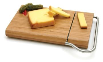 Wooden serving board with stainless steel slicer