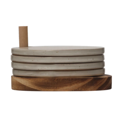 Ensemble de 4 sous-verres en grès avec support en bois