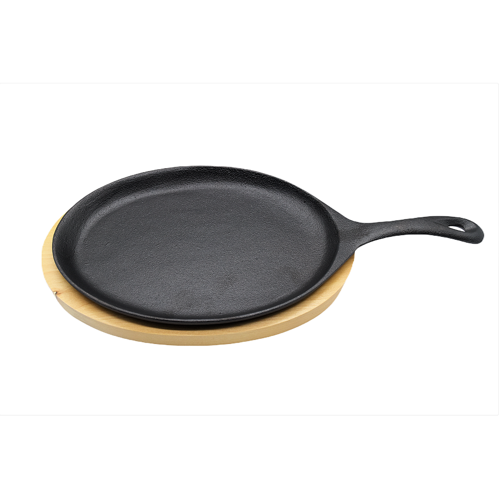 Poêlon ovale en fonte avec planche de bois