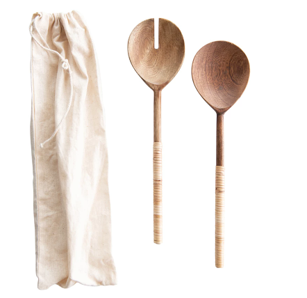 Ensemble de 2 ustensiles à salade en bois avec poignées en bambou