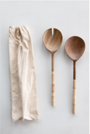 Ensemble de 2 ustensiles à salade en bois avec poignées en bambou