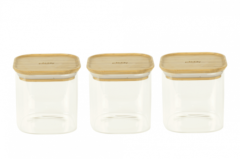 Set of 3 square jars with bamboo lids