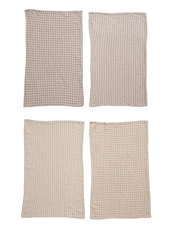 Ensemble de 4 linges à vaisselle avec motif quadrillé/rayé