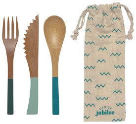 Ustensiles en bambou bleus avec sac de coton